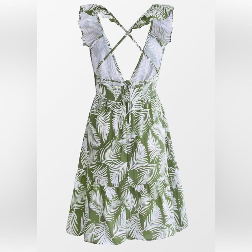 Cupshe Leaf Print Dress Large Womens Green Ruffle Beach Sundress Boho NWT! - Picture 3 of 10